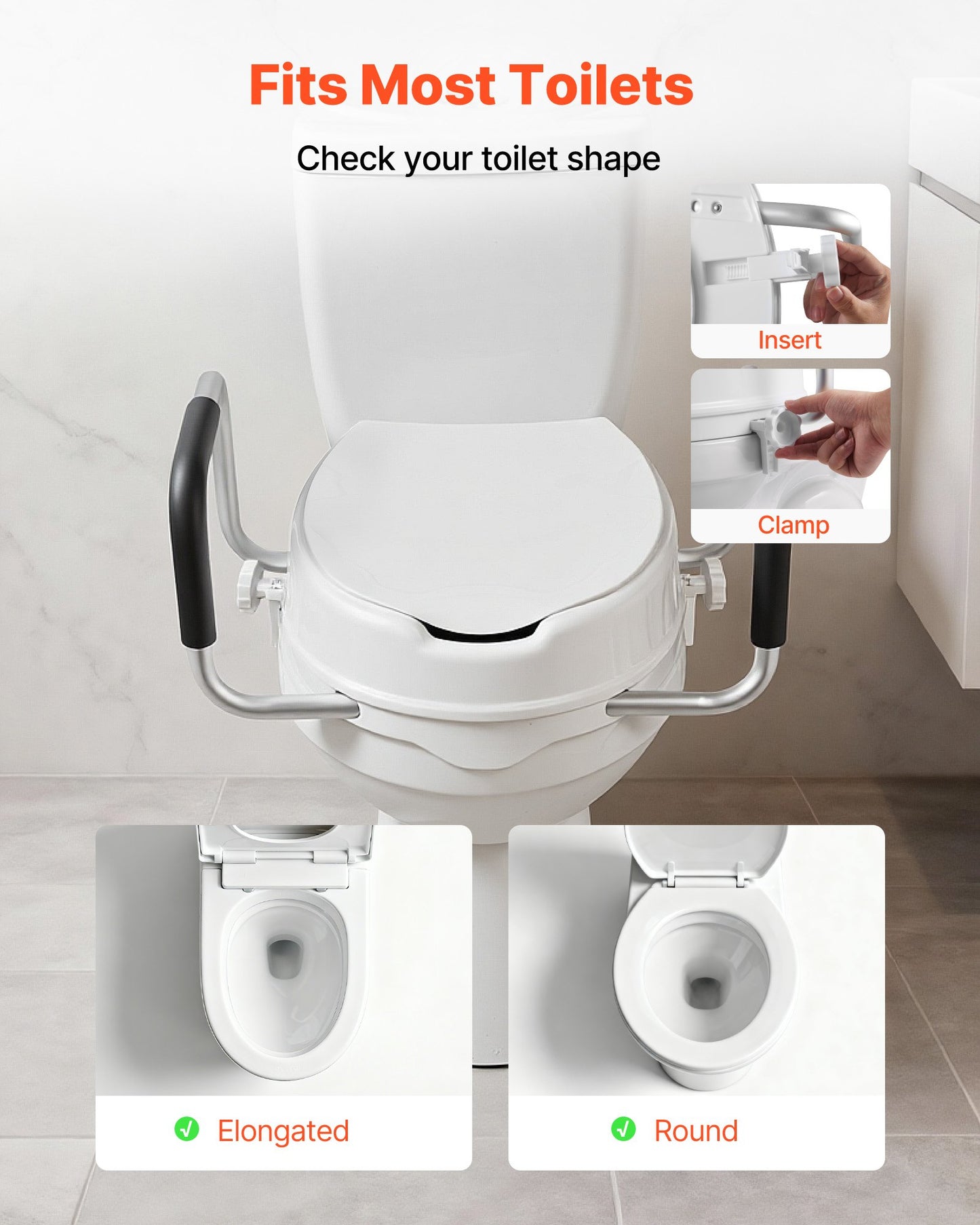 Raised Toilet Seat with Arms, 136.1 kg Load Capacity, 101.6 mm Lift Height, Widened Commode Elevated Toilet Seat Riser with Padded Handles for Seniors, Elderly, Handicap, Disabled, and Adults