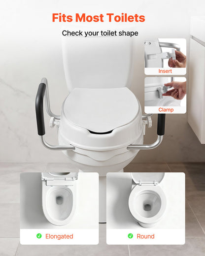 Raised Toilet Seat with Arms, 136.1 kg Load Capacity, 101.6 mm Lift Height, Widened Commode Elevated Toilet Seat Riser with Padded Handles for Seniors, Elderly, Handicap, Disabled, and Adults