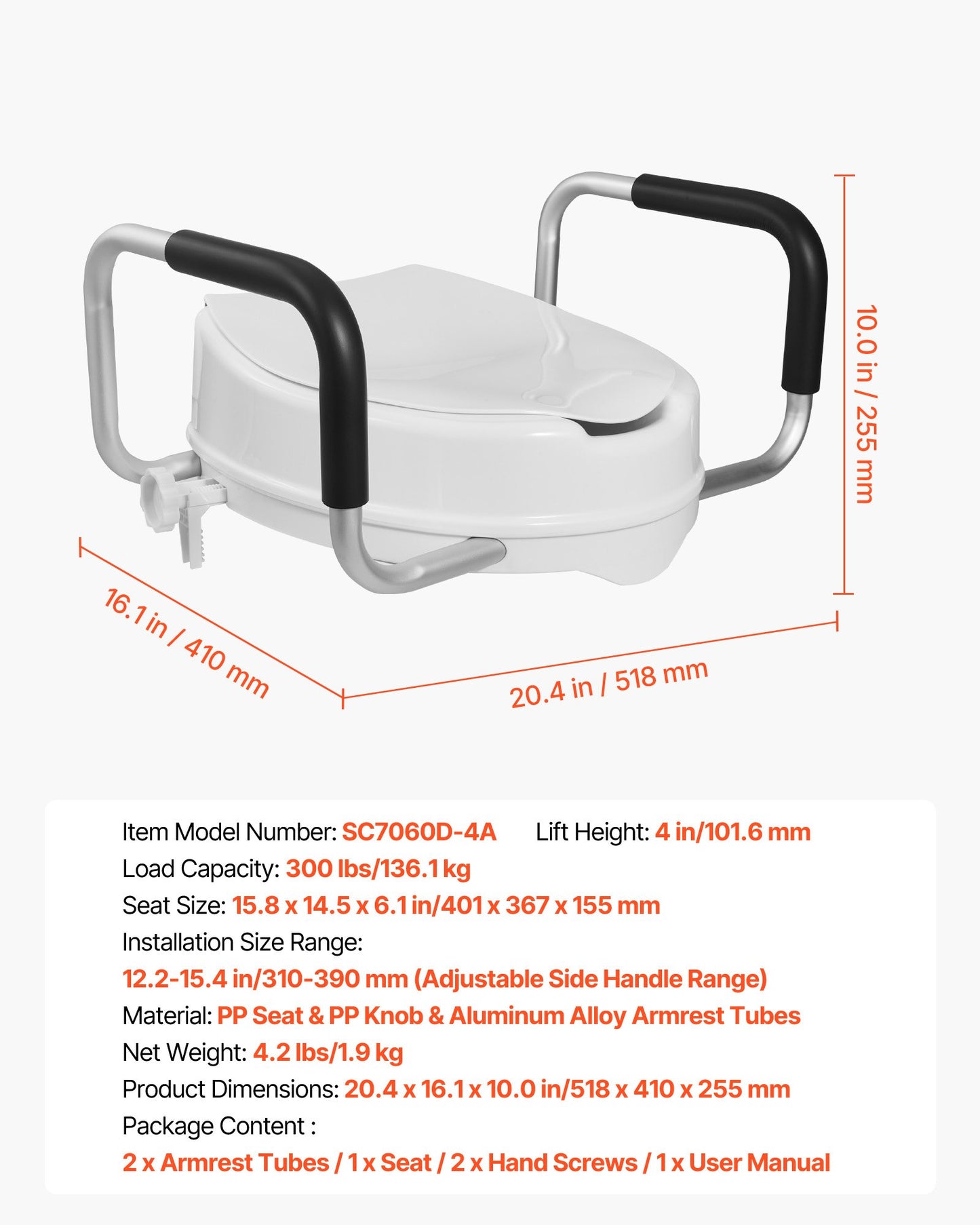 Raised Toilet Seat with Arms, 136.1 kg Load Capacity, 101.6 mm Lift Height, Widened Commode Elevated Toilet Seat Riser with Padded Handles for Seniors, Elderly, Handicap, Disabled, and Adults