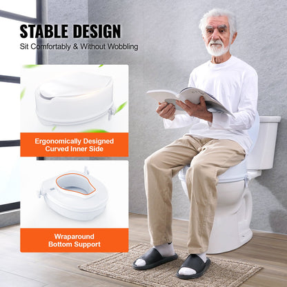 Toalettsits med upphöjd sits, 15 cm hög, 150 kg viktkapacitet, universal toalettsitsförhöjare, skruvstångslåsning, med toalettsits, för äldre, handikappade, patienter, gravida, sjukvårdspersonal