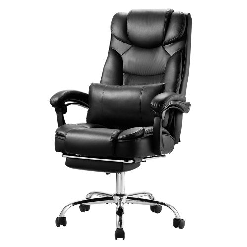 Kontorsstol med hög rygg, fotstöd och ländryggskudde, ergonomisk skrivbordsstol 135° lutbar och justerbar höjd, snurrstol i PU-läder för arbete, studier, spel, svart