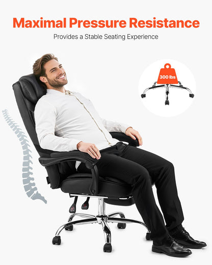 Executive Chair, High Back Office Chair with Footrest and Lumbar Pillow, Ergonomic Desk Chair 135° Recline & Adjustable Height, PU Leather Swivel Rolling Chair for Work, Study, Game, Black