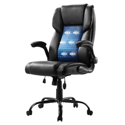 Executive-fåtölj, kontorsstol med hög rygg, uppfällbara armstöd och svankstöd, ergonomisk skrivbordsstol, justerbar lutning och höjd, snurrstol i PU-läder med rullfunktion för arbete, studier, spel, svart
