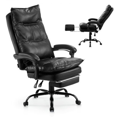 Kontorsstol med hög rygg, fotstöd och ländryggskudde, ergonomisk skrivbordsstol 135° lutbar och justerbar höjd, snurrstol i PU-läder för arbete, studier, spel, svart
