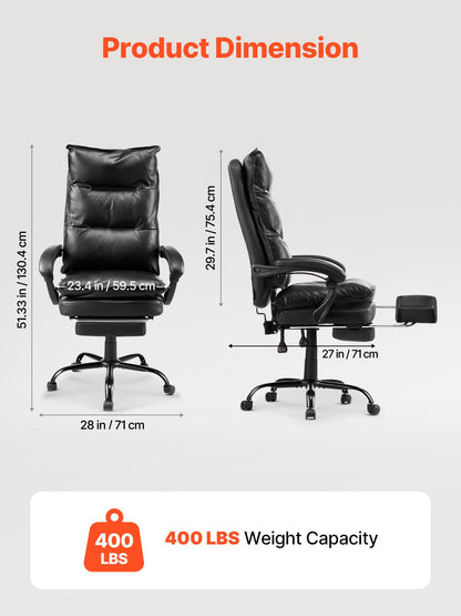 Executive Office Chair, High Back Chair with Footrest and Lumbar Pillow, Ergonomic Desk Chair 135° Recline & Adjustable Height, PU Leather Swivel Rolling Chair for Work, Study, Game, Black