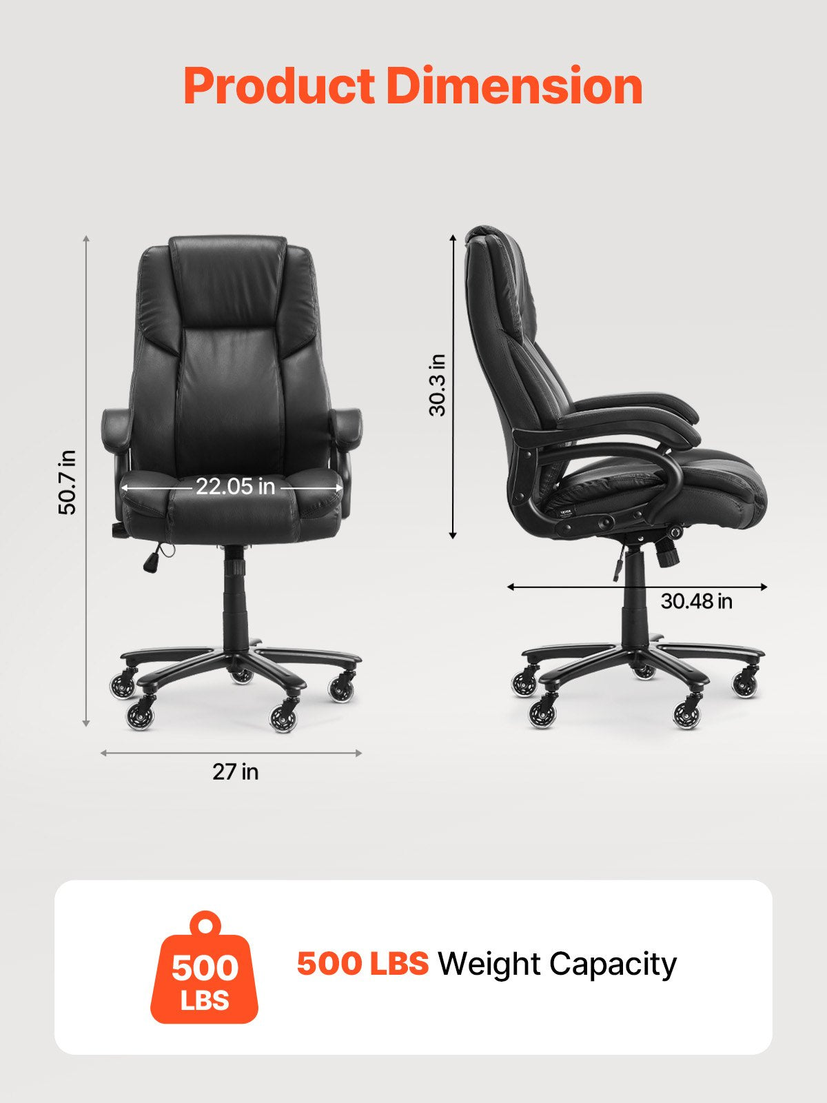 Executive Chair, Kontorsstol med hög rygg och vredstyrt svankstöd, Ergonomisk skrivbordsstol Justerbar lutning och höjd, Snurrstol i PU-läder med rullfunktion för arbete, studier, spel, Svart