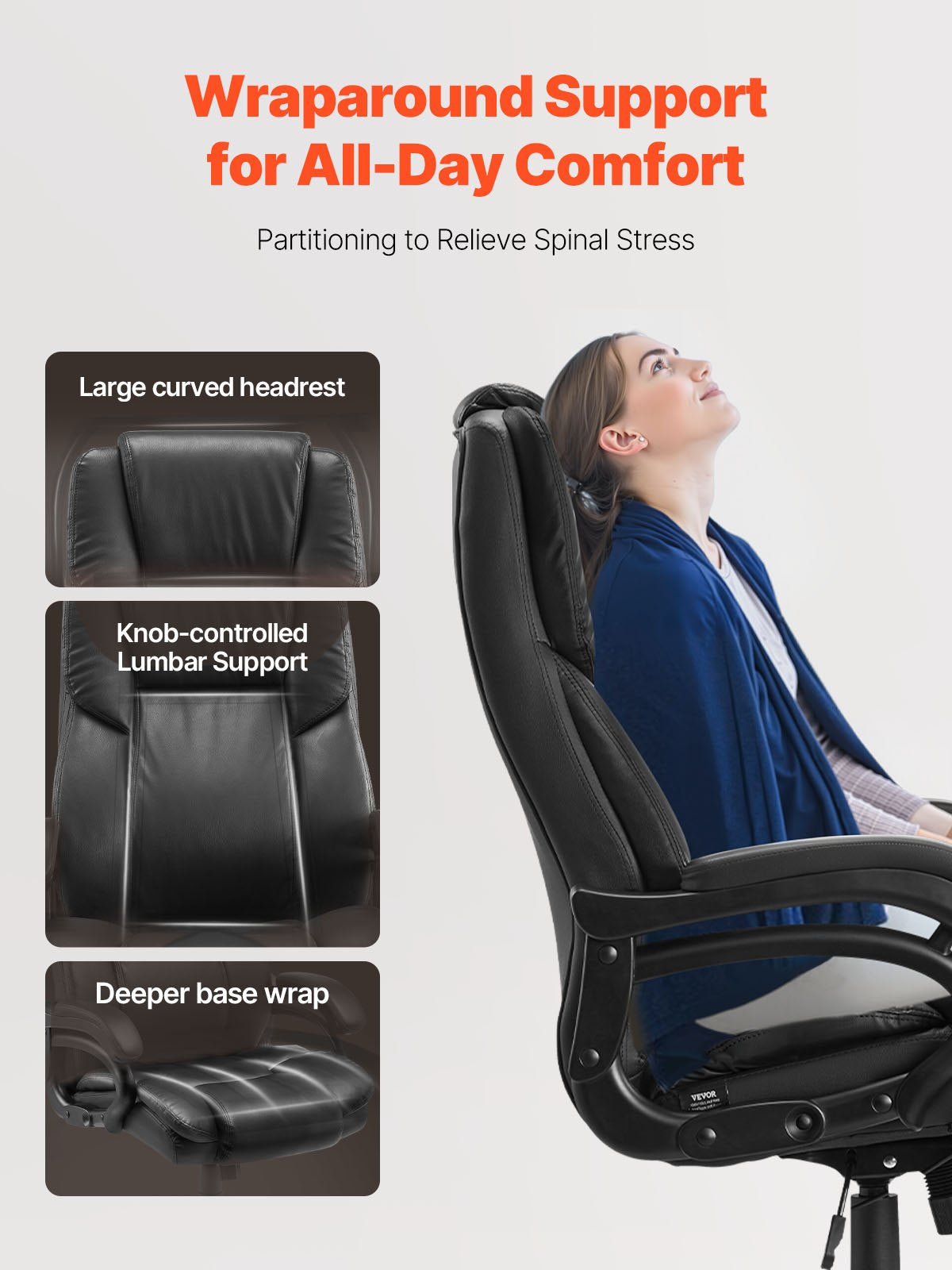 Executive Chair, Kontorsstol med hög rygg och vredstyrt svankstöd, Ergonomisk skrivbordsstol Justerbar lutning och höjd, Snurrstol i PU-läder med rullfunktion för arbete, studier, spel, Svart