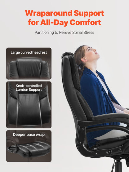 Executive Chair, Kontorsstol med hög rygg och vredstyrt svankstöd, Ergonomisk skrivbordsstol Justerbar lutning och höjd, Snurrstol i PU-läder med rullfunktion för arbete, studier, spel, Svart