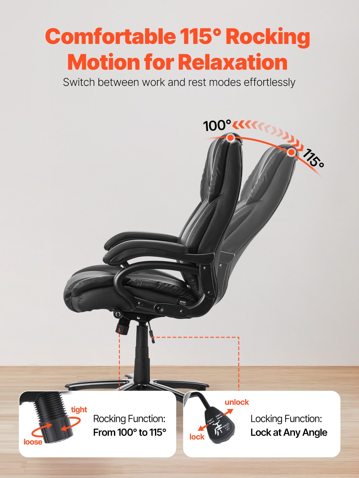 Executive Chair, Kontorsstol med hög rygg och vredstyrt svankstöd, Ergonomisk skrivbordsstol Justerbar lutning och höjd, Snurrstol i PU-läder med rullfunktion för arbete, studier, spel, Svart