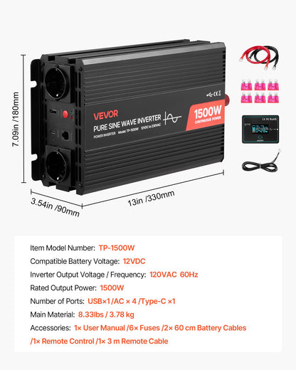 1500W växelriktare, 12V DC till 230V AC ren sinusvågsväxelriktare, billaddare med fjärrkontroll, USB- och typ-C-portar, 2 AC-uttag, snabbladdning för husbil, lastbil, utomhuscamping