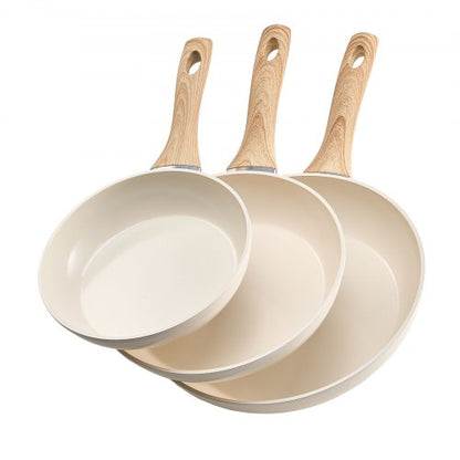 Stekpanna, Äggpannor i Aluminium, 3 st (200, 240, 280 mm), Stekpannor i Keramik med Värmebeständigt Handtag, Kockens Köksredskap för Gas, El, Induktion, Beige