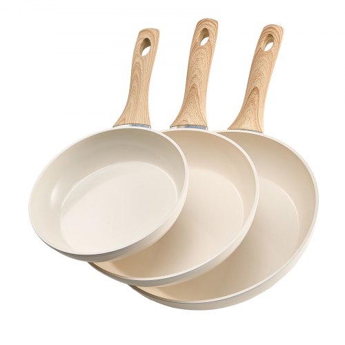 Stekpanna, Äggpannor i Aluminium, 3 st (200, 240, 280 mm), Stekpannor i Keramik med Värmebeständigt Handtag, Kockens Köksredskap för Gas, El, Induktion, Beige