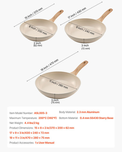 Stekpanna, Äggpannor i Aluminium, 3 st (200, 240, 280 mm), Stekpannor i Keramik med Värmebeständigt Handtag, Kockens Köksredskap för Gas, El, Induktion, Beige