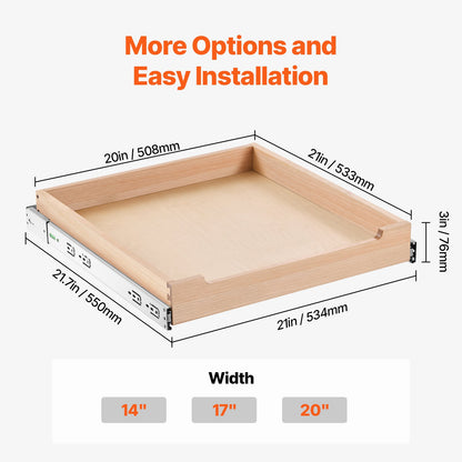 Utdragbar skåporganisatör, 20"B x 21"D skåplåda, mjukstängande utdragbar hylla, kraftig skjutbar trälåda, botten- och sidomontering, underskåpsorganisation för kök, skafferi, badrum