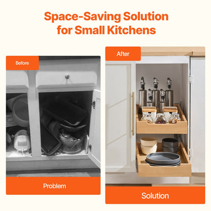 Utdragbart skåp med 2 nivåer, 14"B x 21"D, mjukstängande utdragbar hylla, kraftig skjutbar trälåda, justerbar underskåpsorganisation för kök, skafferi, badrum