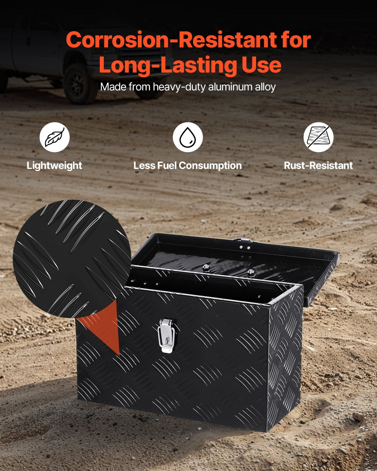 Kraftig verktygslåda i aluminium för lastbilsflak, randigt pläterat verktygslåda med sidohandtag och topphandtag, förvaringslåda för släpvagn, pickup, husbil, 16"x7,5"x10"(406x190x254mm), svart
