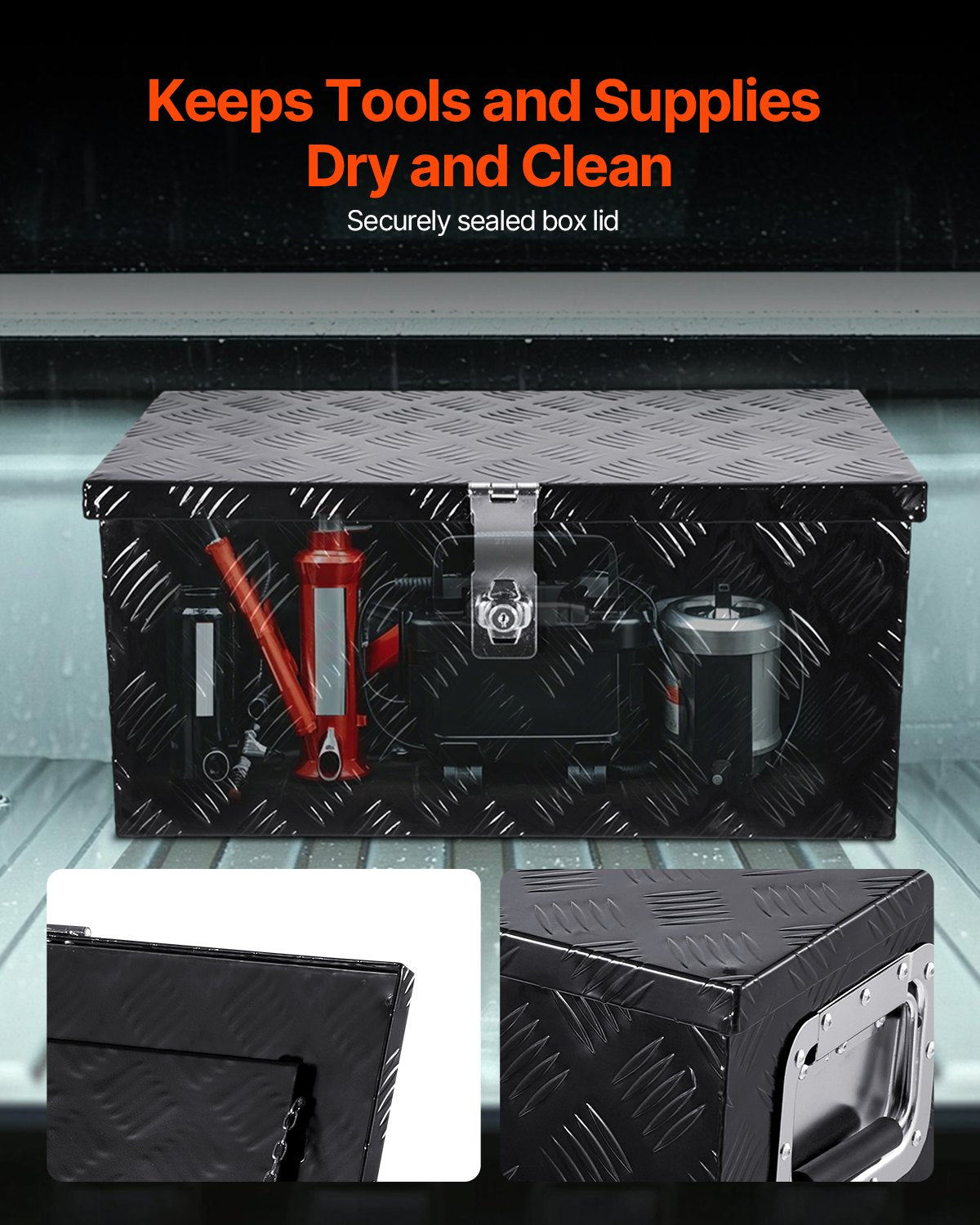Verktygslåda i kraftigt aluminiumflak, ränderpläterad verktygslåda med sidohandtag och låsnycklar, förvaringslåda för släpvagn, pickup, husbil, 20"x12"x9.5"(508x304.8x241.3mm), svart