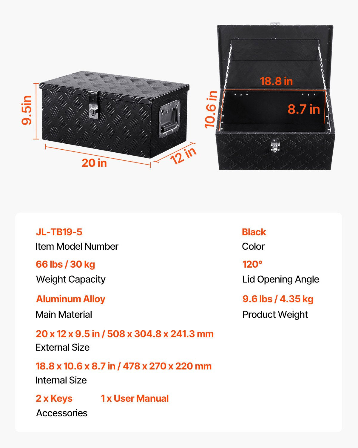 Verktygslåda i kraftigt aluminiumflak, ränderpläterad verktygslåda med sidohandtag och låsnycklar, förvaringslåda för släpvagn, pickup, husbil, 20"x12"x9.5"(508x304.8x241.3mm), svart