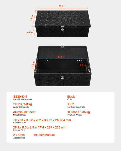 Kraftig verktygslåda i aluminium för lastbilsflak, randigt pläterad verktygslåda med sidohandtag och låsnycklar, förvaringslåda för släpvagn, pickup, husbil, 30"x13"x9.6"(762x330.2x243.84mm), svart