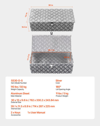 Kraftig verktygslåda i aluminium för lastbilsflak, randigt pläterad verktygslåda med sidohandtag och låsnycklar, förvaringslåda för släpvagn, pickup, husbil, 30"x13"x9.6"(762x330.2x243.84mm), silver