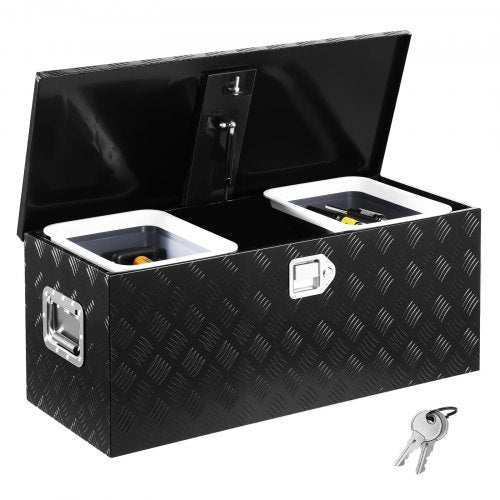 Kraftig verktygslåda i aluminium för lastbilsflak, randigt pläterad verktygslåda med glidande hyllplan, sidohandtag, lås och nycklar, förvaringslåda för släpvagn, pickup, 35,4"x14,6"x14,6"(899x370x370mm), svart