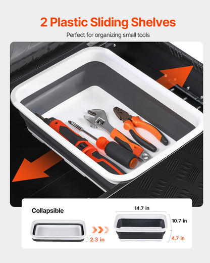 Kraftig verktygslåda i aluminium för lastbilsflak, randigt pläterad verktygslåda med glidande hyllplan, sidohandtag, lås och nycklar, förvaringslåda för släpvagn, pickup, 35,4"x14,6"x14,6"(899x370x370mm), svart
