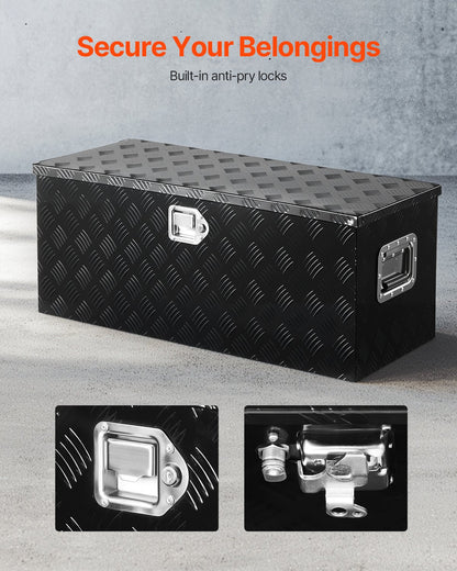 Kraftig verktygslåda i aluminium för lastbilsflak, randigt pläterad verktygslåda med glidande hyllplan, sidohandtag, lås och nycklar, förvaringslåda för släpvagn, pickup, 35,4"x14,6"x14,6"(899x370x370mm), svart