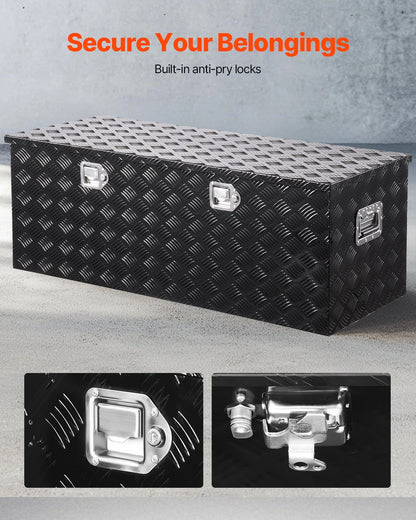 Verktygslåda i kraftigt aluminium för lastbilsflak, ränderpläterad verktygslåda med sidohandtag och lås och nycklar, förvaringslåda med verktygslåda och organisering för släpvagn, pickup, 48"x19,5"x17,5"(1219,2x495,3x444,5 mm), svart