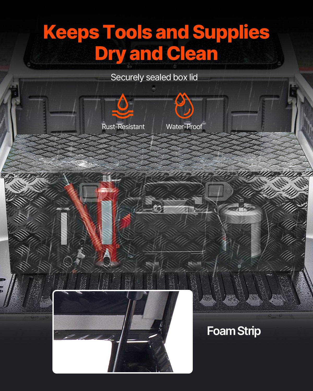 Verktygslåda i kraftigt aluminium för lastbilsflak, ränderpläterad verktygslåda med sidohandtag och lås och nycklar, förvaringslåda med verktygslåda och organisering för släpvagn, pickup, 48"x19,5"x17,5"(1219,2x495,3x444,5 mm), svart