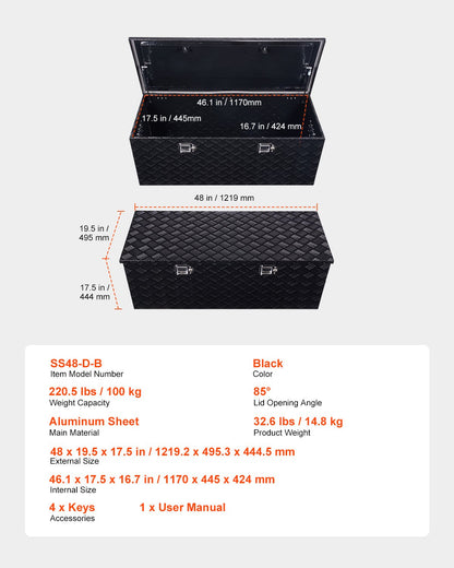 Verktygslåda i kraftigt aluminium för lastbilsflak, ränderpläterad verktygslåda med sidohandtag och lås och nycklar, förvaringslåda med verktygslåda och organisering för släpvagn, pickup, 48"x19,5"x17,5"(1219,2x495,3x444,5 mm), svart