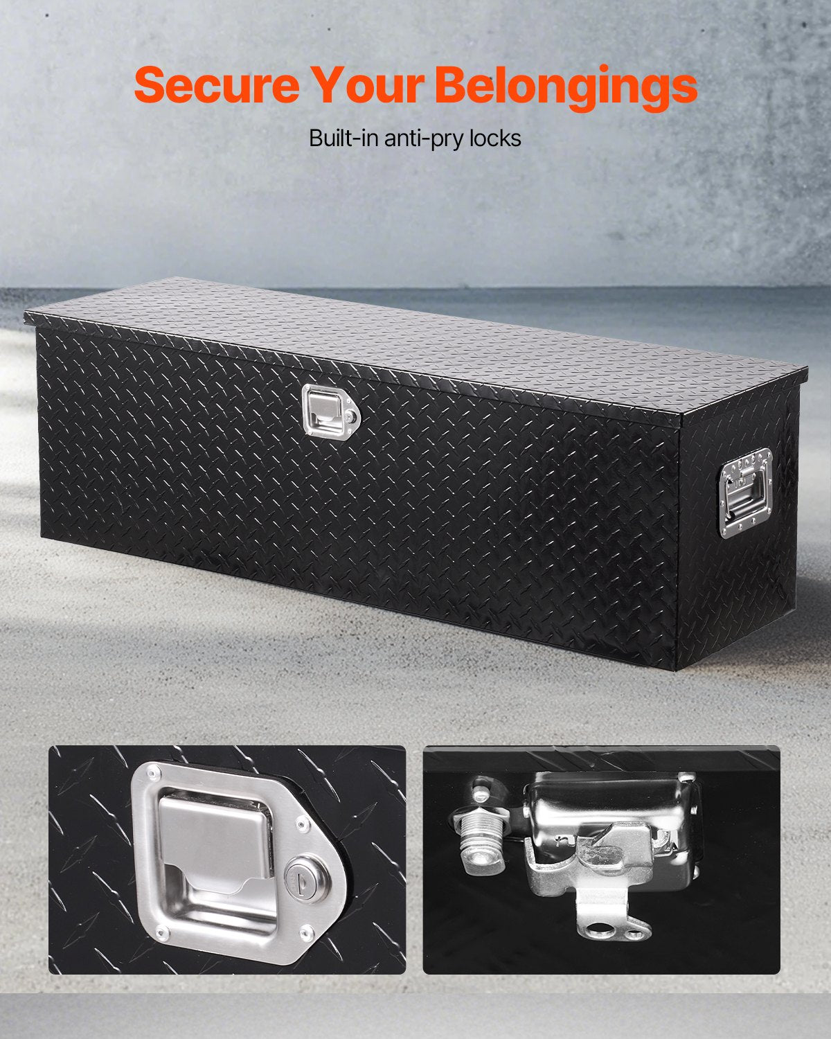 Kraftig verktygslåda i aluminium för lastbilsflak, diamantplåtsverktygslåda med sidohandtag och låsnycklar, förvaringslåda för släpvagn, pickup, husbil, 49"x15"x15"(1244,6x381x381mm), svart