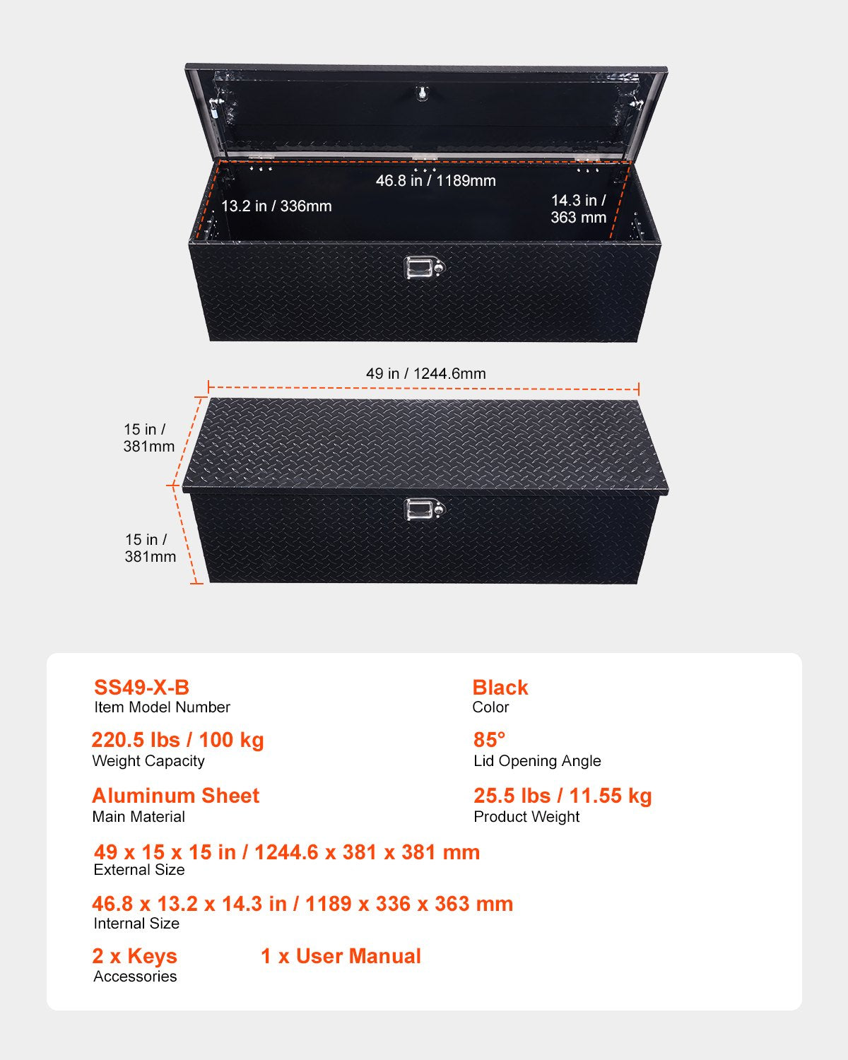 Kraftig verktygslåda i aluminium för lastbilsflak, diamantplåtsverktygslåda med sidohandtag och låsnycklar, förvaringslåda för släpvagn, pickup, husbil, 49"x15"x15"(1244,6x381x381mm), svart