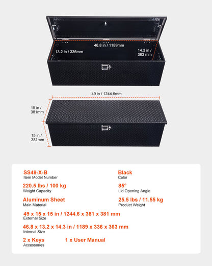 Kraftig verktygslåda i aluminium för lastbilsflak, diamantplåtsverktygslåda med sidohandtag och låsnycklar, förvaringslåda för släpvagn, pickup, husbil, 49"x15"x15"(1244,6x381x381mm), svart
