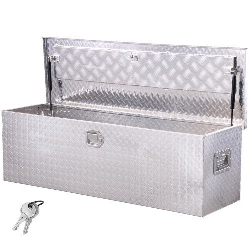 Kraftig verktygslåda i aluminium för lastbilsflak, verktygslåda med diamantplåt, sidohandtag och låsnycklar, förvaringslåda för släpvagn, pickup, husbil, 49"x15"x15"(1244,6x381x381 mm), silver
