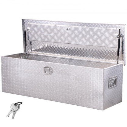 Kraftig verktygslåda i aluminium för lastbilsflak, verktygslåda med diamantplåt, sidohandtag och låsnycklar, förvaringslåda för släpvagn, pickup, husbil, 49"x15"x15"(1244,6x381x381 mm), silver