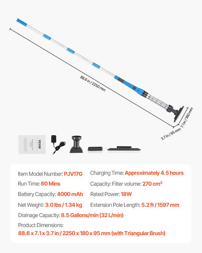 Pooldammsugare, 8,5 GPM handhållen sladdlös bubbelbadsdammsugare med förlängningsstång, för djuprengöring och stark sugkraft, laddningsbar poolrengörare, drifttid upp till 1 timme, för ovanmarks-/nedmarkspooler