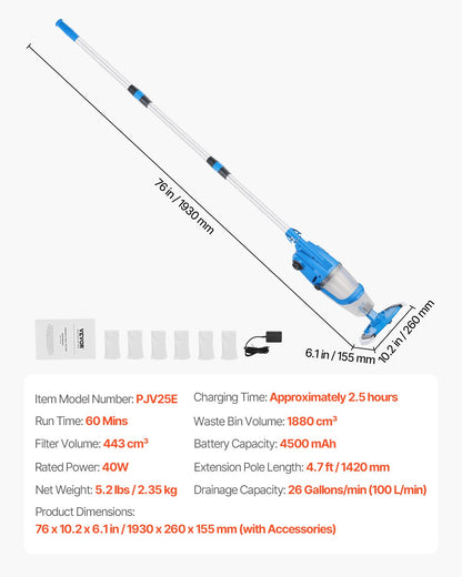 Pooldammsugare, 26 GPM handhållen sladdlös bubbelbadsdammsugare med förlängningsstång, för djuprengöring och stark sugkraft, laddningsbar poolrengörare, drifttid upp till 1 timme, för ovanmarks-/nedmarkspooler