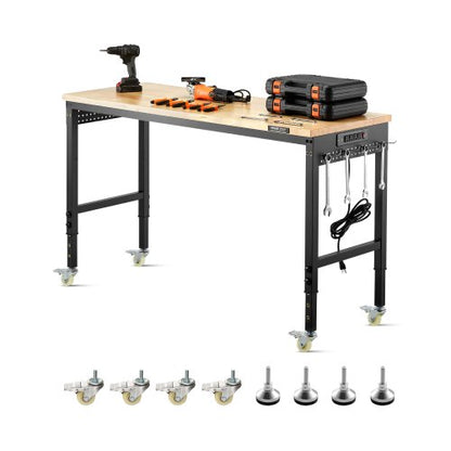 1524 mm justerbar arbetsbänk, 907 kg belastning, arbetsbänk med eluttag, hjul och hylsplatta, kraftig arbetsbord i ekträ för garage, verkstad, kontor och hem