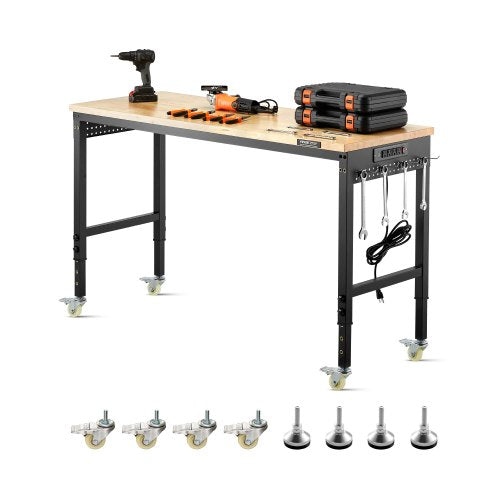 1524 mm justerbar arbetsbänk, 907 kg belastning, arbetsbänk med eluttag, hjul och hylsplatta, kraftig arbetsbord i ekträ för garage, verkstad, kontor och hem