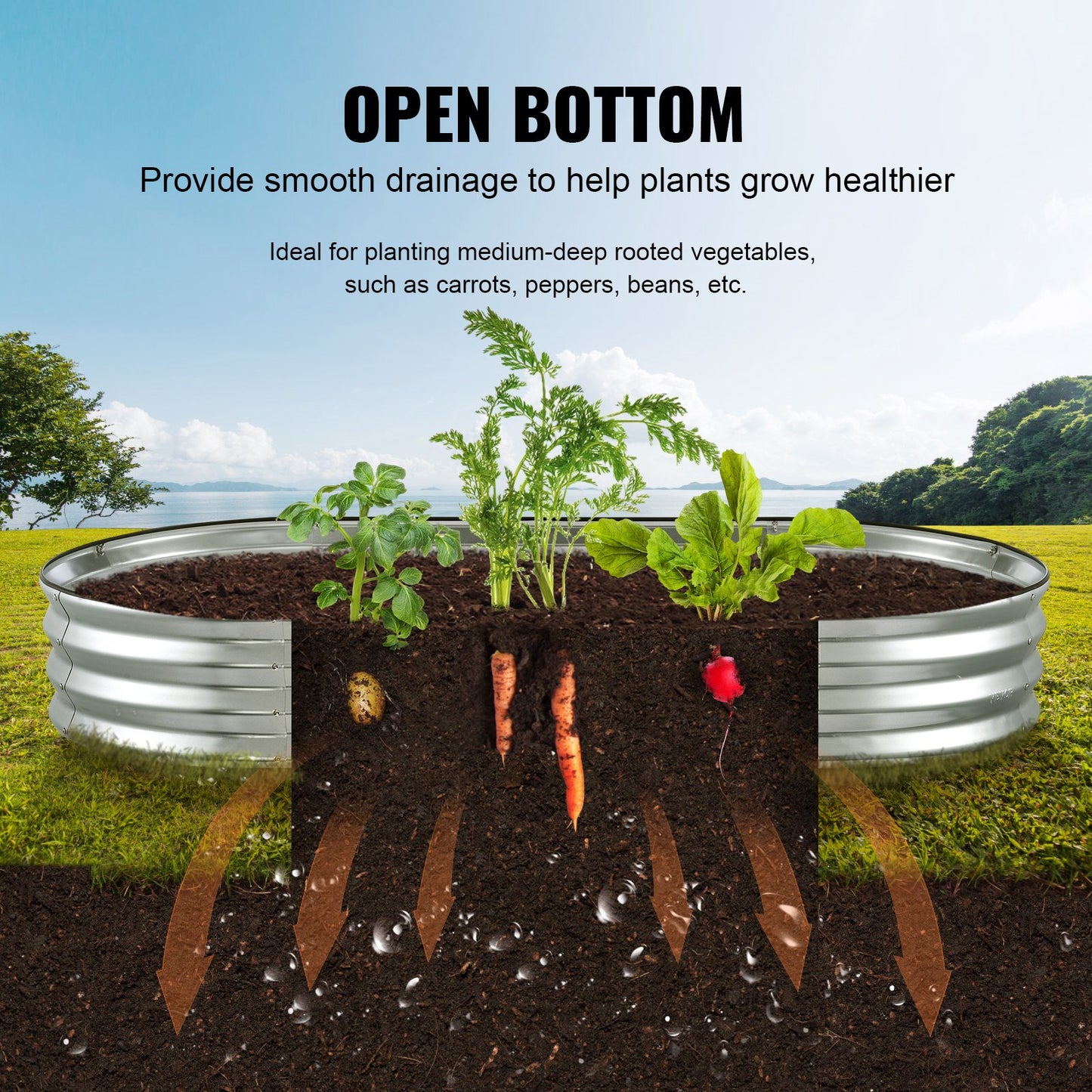 Upphöjd trädgårdsbädd, 71,9 x 36,4 x 11 tum galvaniserad metallplanteringslåda, utomhusplanteringslådor med öppen bas, för odling av blommor/grönsaker/örter i trädgården/uteplatsen/balkongen, silver