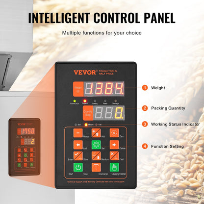 Partikelfyllningsmaskin, 0,044-11 lbs/20-5000 g, automatisk fyllningsmaskin med fotpedal, vägningsmaskin i rostfritt stål, vägningsfyllare för bönor, frön, spannmål, te, granulär förpackning