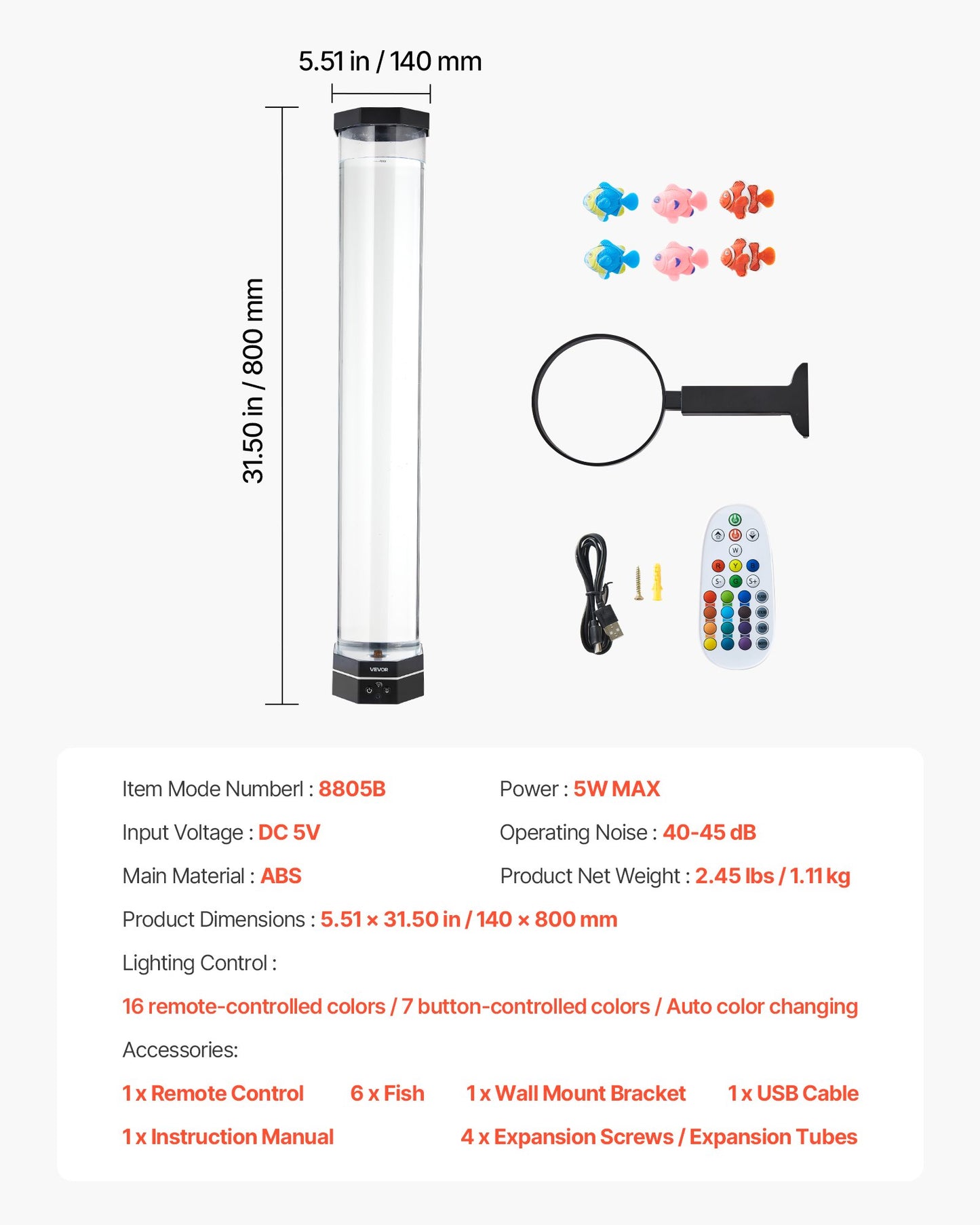 Bubbelrörslampa 16 färger 80 cm sensorisk akvarielampa för lindring och lugn