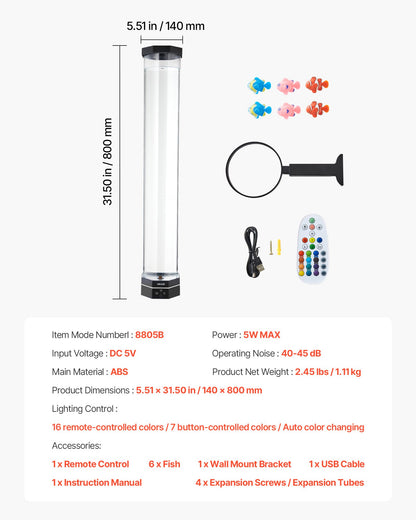 Bubbelrörslampa 16 färger 80 cm sensorisk akvarielampa för lindring och lugn