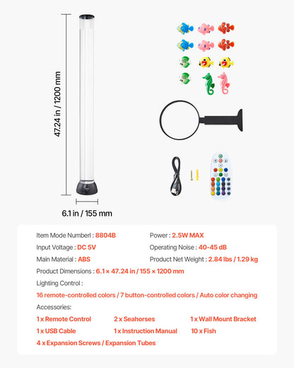 Bubbelrörslampa 16 färger 120 cm sensorisk akvarielampa för lindring och lugn