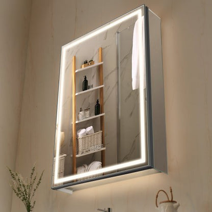Upplyst medicinskåp med spegel, 50 x 70 cm infälld eller väggmonterad, dimbart LED-badrumsmedicinskåp med 3 färger och bottenbelysning, justerbar hyllförvaring, minnesfunktion för avimning