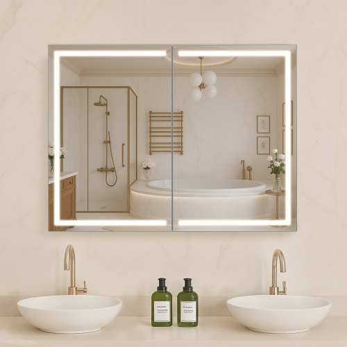 Upplyst medicinskåp med spegel, 60 x 80 cm väggmonterad, dimbar LED-badrumsmedicinskåp med HD-spegel i 3 färger, minnesfunktion/justerbara hyllor, förvaring/uttag och USB-portar