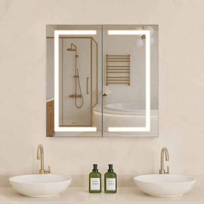 Lighted Medicine Cabinet with Mirror, 65 x 65 cm Recessed or Wall Mount, 3 Color Dimmable LED Bathroom Medicine Cabinet with HD Mirror, Adjustable Shelve Storage, Memory Defog Function