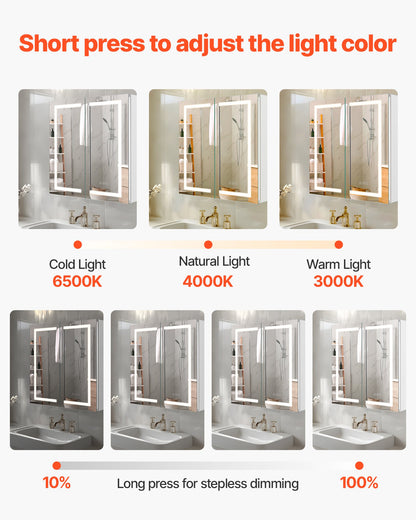 Lighted Medicine Cabinet with Mirror, 65 x 65 cm Recessed or Wall Mount, 3 Color Dimmable LED Bathroom Medicine Cabinet with HD Mirror, Adjustable Shelve Storage, Memory Defog Function