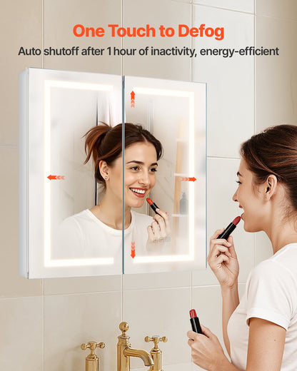 Lighted Medicine Cabinet with Mirror, 65 x 65 cm Recessed or Wall Mount, 3 Color Dimmable LED Bathroom Medicine Cabinet with HD Mirror, Adjustable Shelve Storage, Memory Defog Function