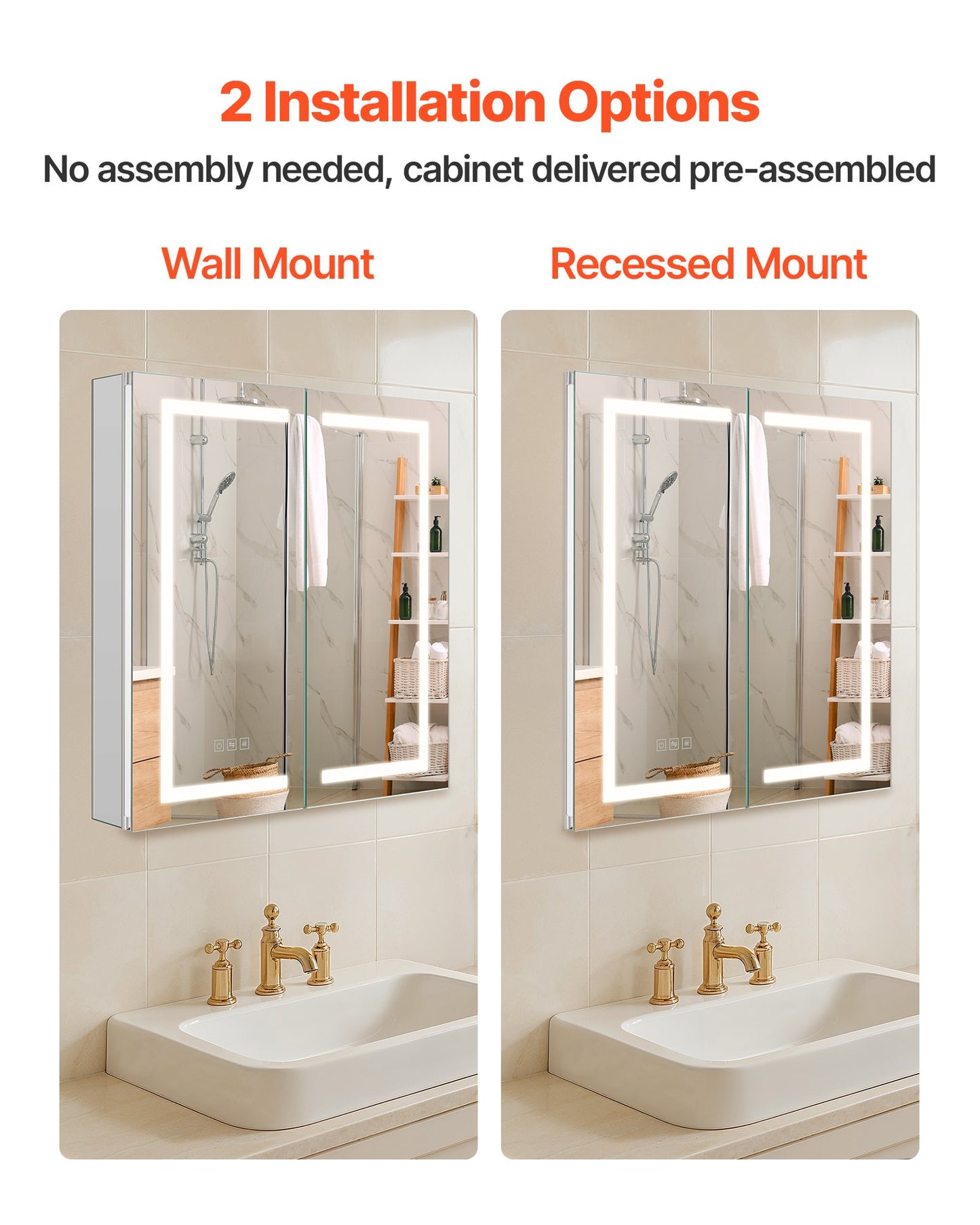 Lighted Medicine Cabinet with Mirror, 65 x 65 cm Recessed or Wall Mount, 3 Color Dimmable LED Bathroom Medicine Cabinet with HD Mirror, Adjustable Shelve Storage, Memory Defog Function